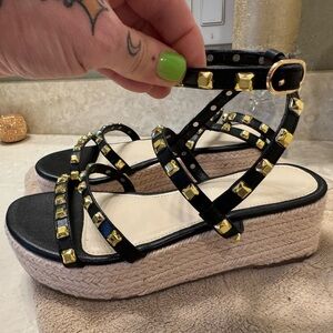Rockstar gold stud gladiator platform  black espadrille punk goddess size 6